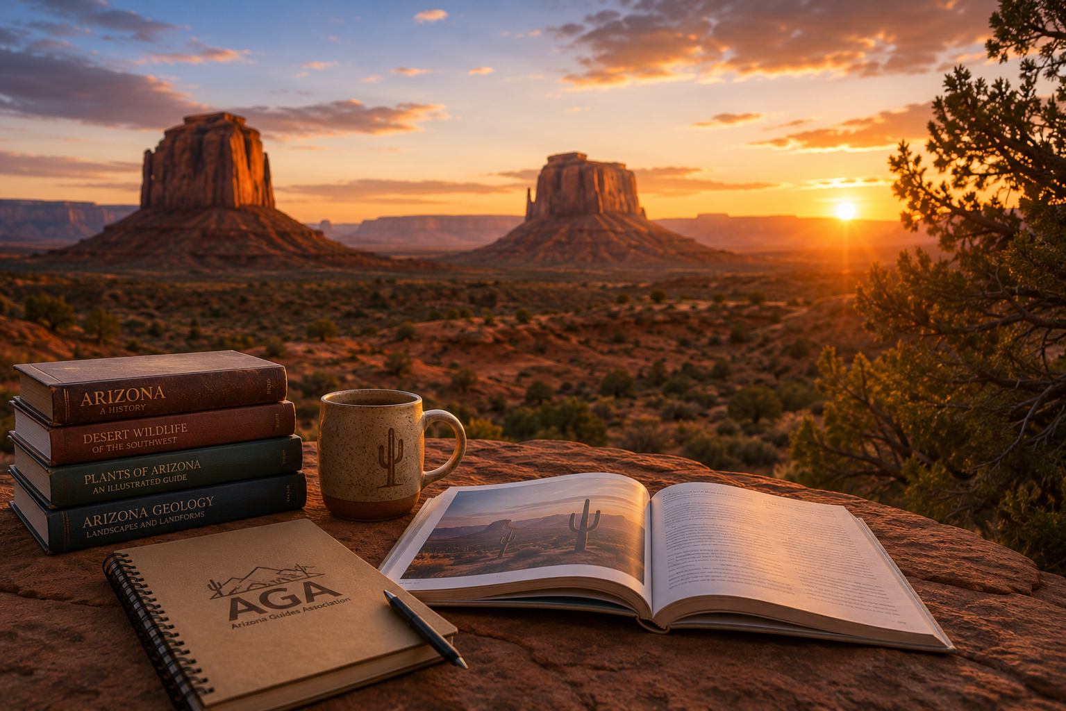 Arizona desert buttes at sunset with books, a mug and an AGA notebook