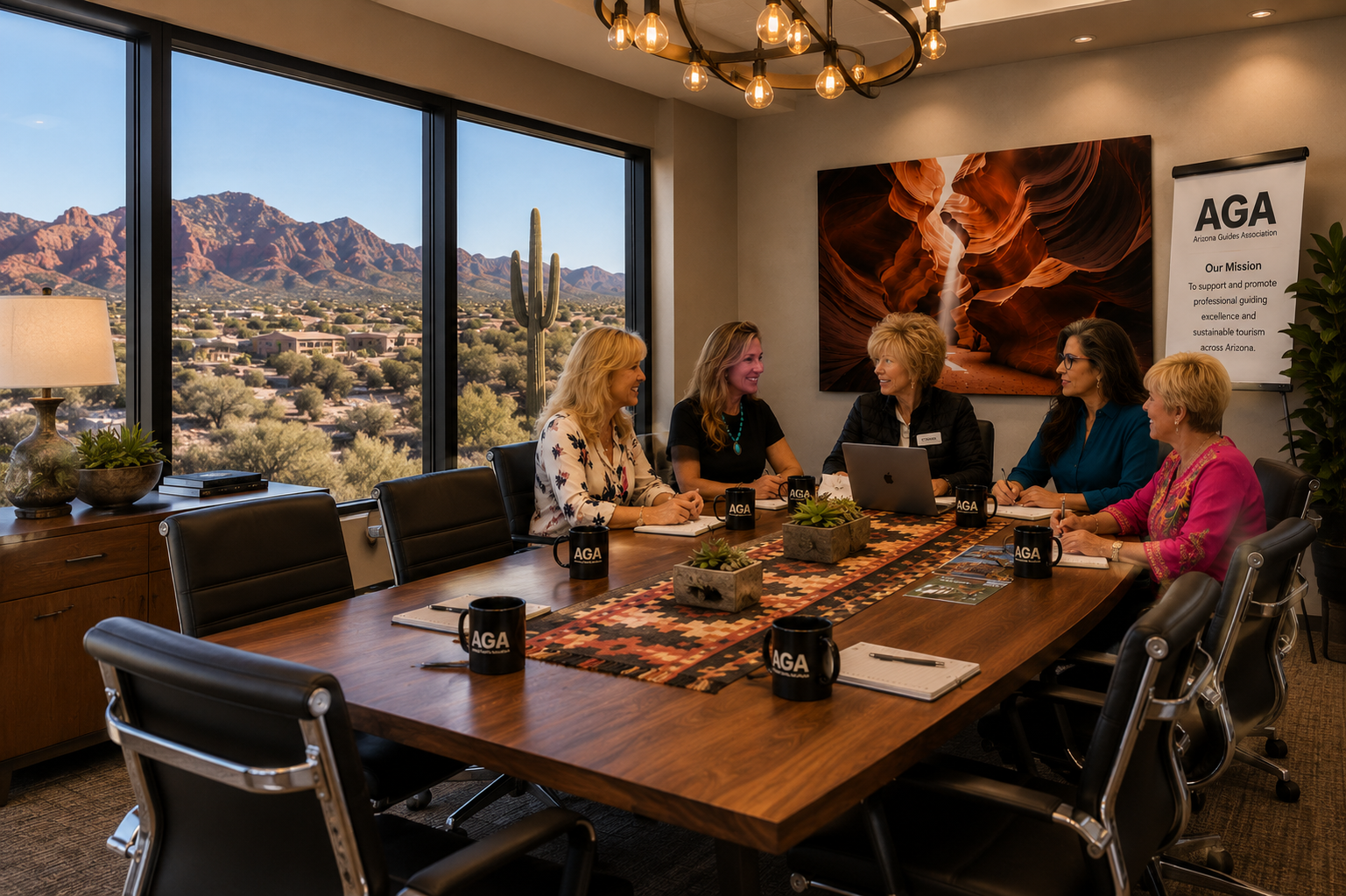 AGA board members meeting around a table with Arizona artwork