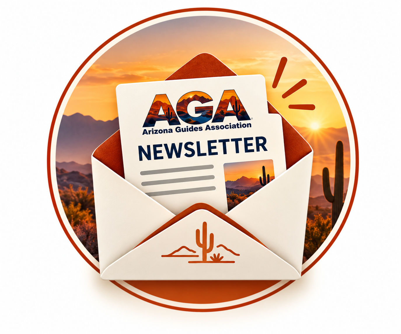 AGA newsletter badge: an open envelope with a newsletter emerging, set over an Arizona desert sunset